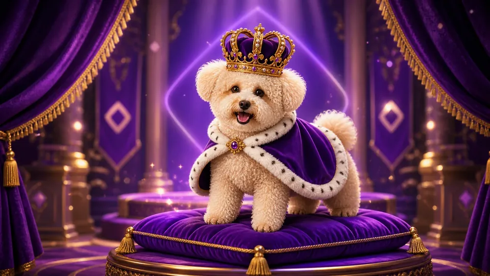 PamPam wearing a crown and purple royal cape on a throne.